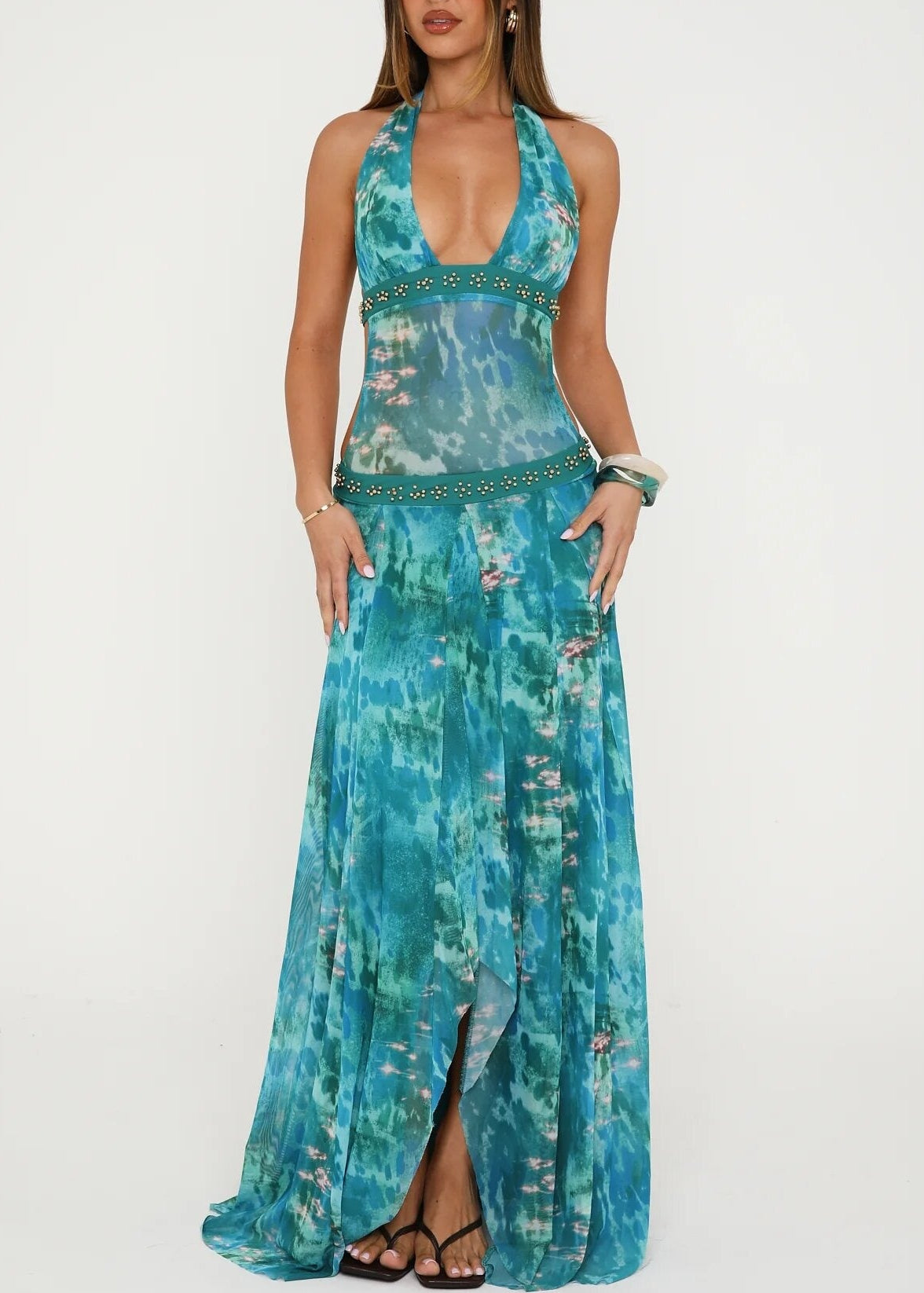 Hadiya Halter Neck Leopard Maxi Dress In Blue