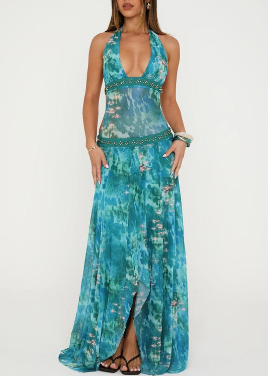Hadiya Halter Neck Leopard Maxi Dress In Blue