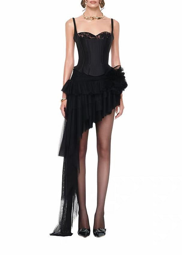 Karen Spaghetti Mesh Asymmetric Skirt Set In Black