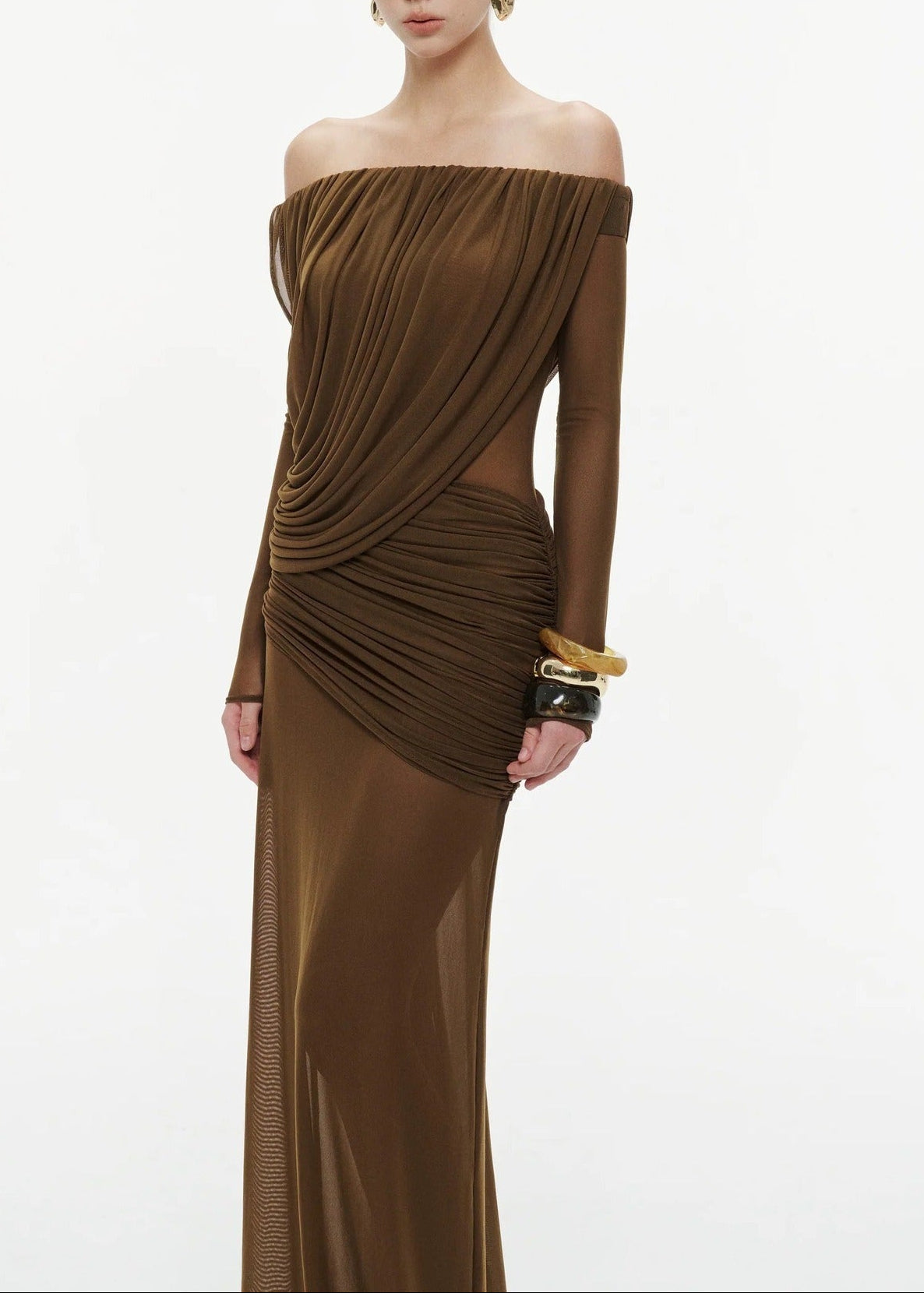 Fikri Off Shoulder Ruch Mesh Maxi Dress In Brown