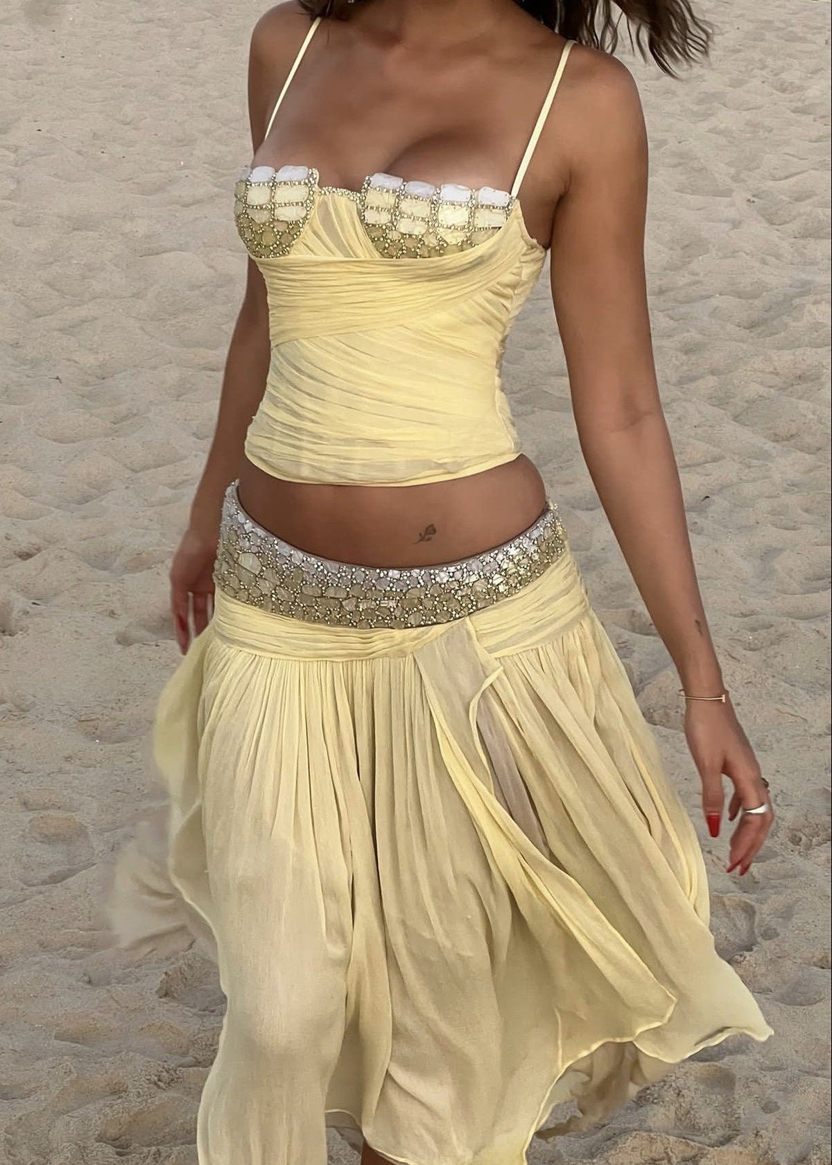 Khadiga Spagehtti Beaded Ruch Skirt Set