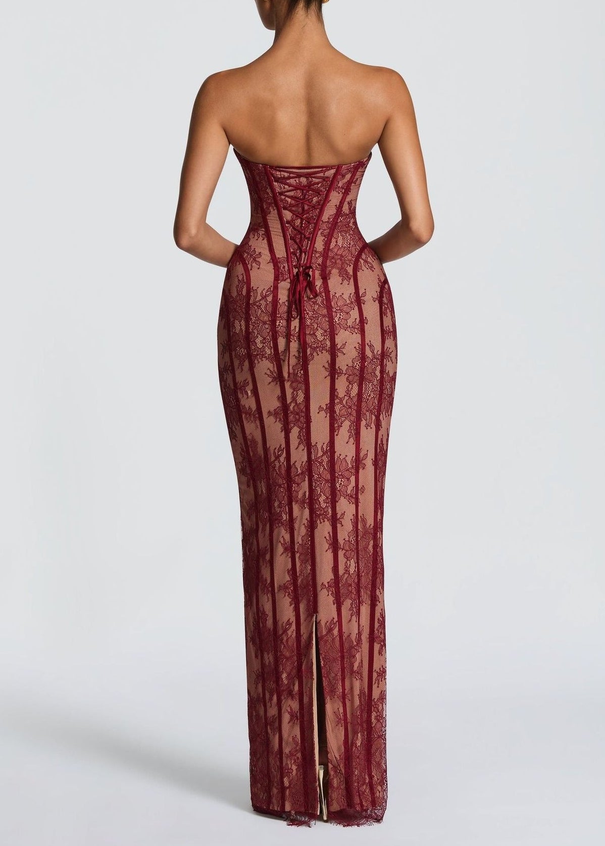 Haakon Strapless Lace Bodycon Maxi Dress In Red