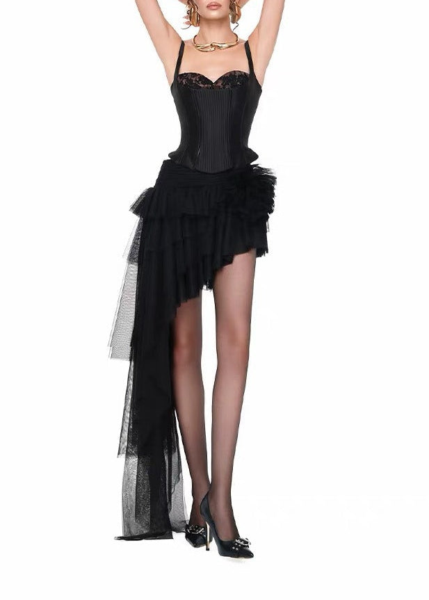 Karen Spaghetti Mesh Asymmetric Skirt Set In Black