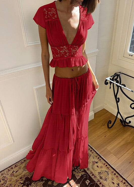 Flaviu Crop Lace Skirt Set In Red