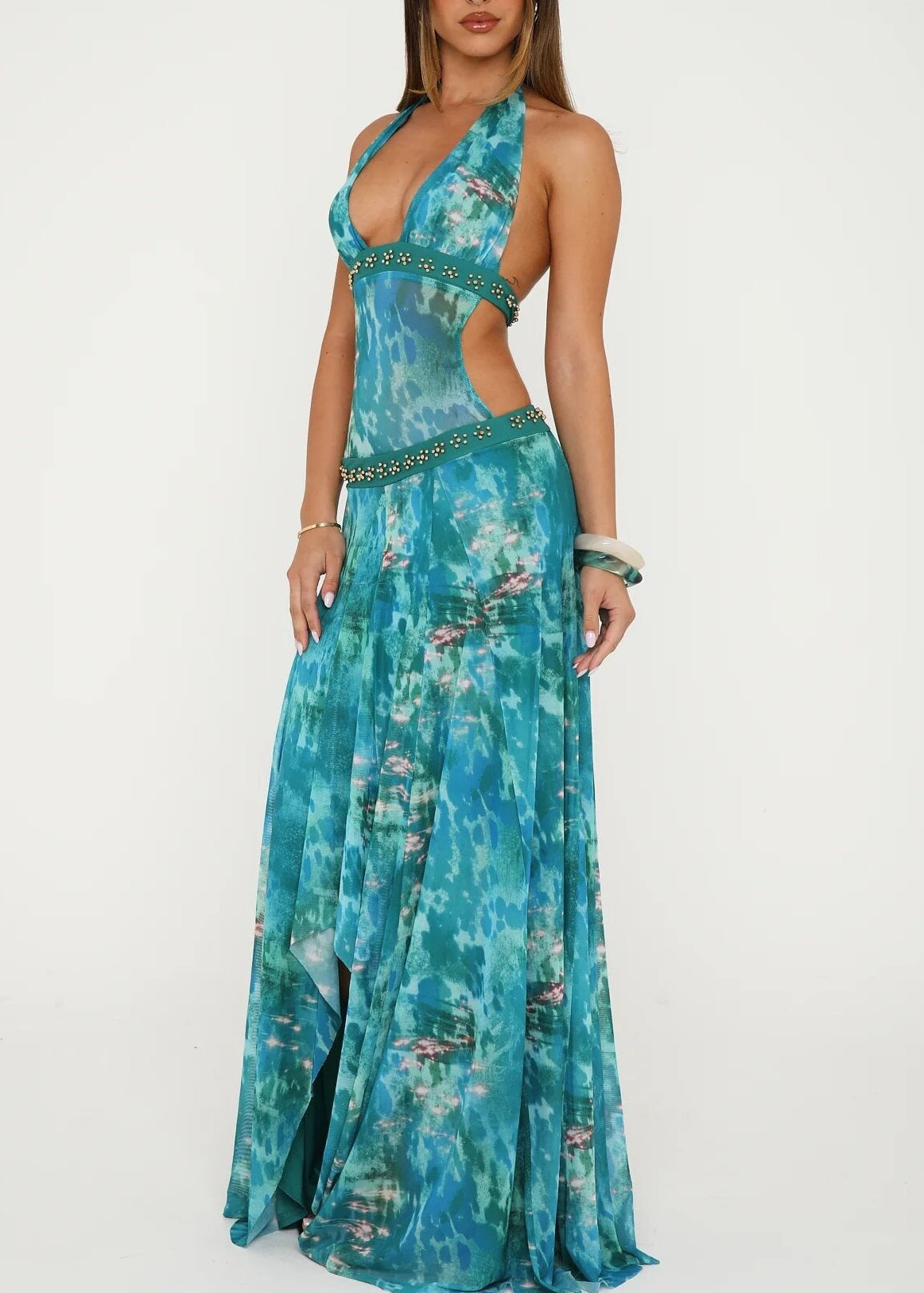 Hadiya Halter Neck Leopard Maxi Dress In Blue
