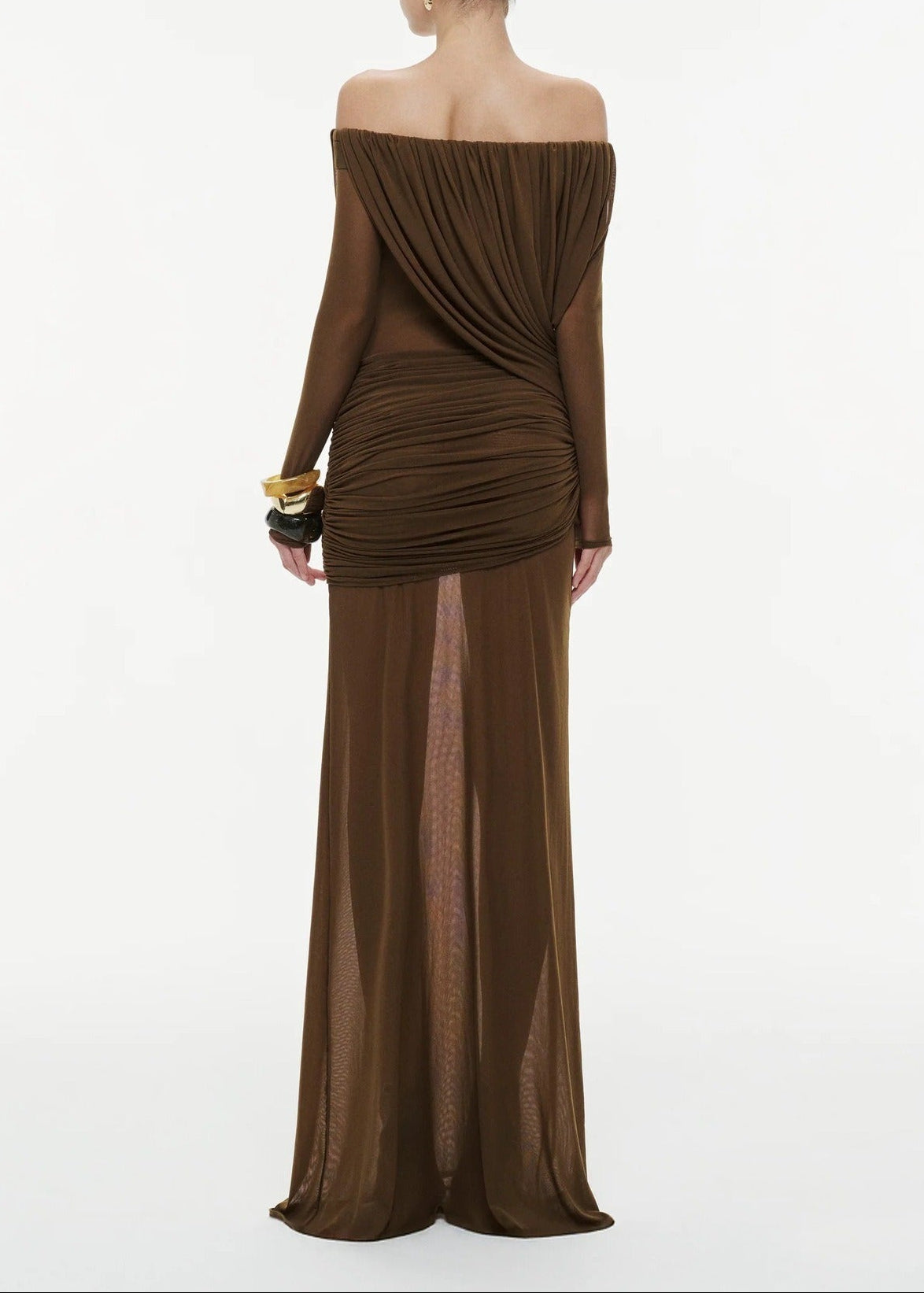 Fikri Off Shoulder Ruch Mesh Maxi Dress In Brown