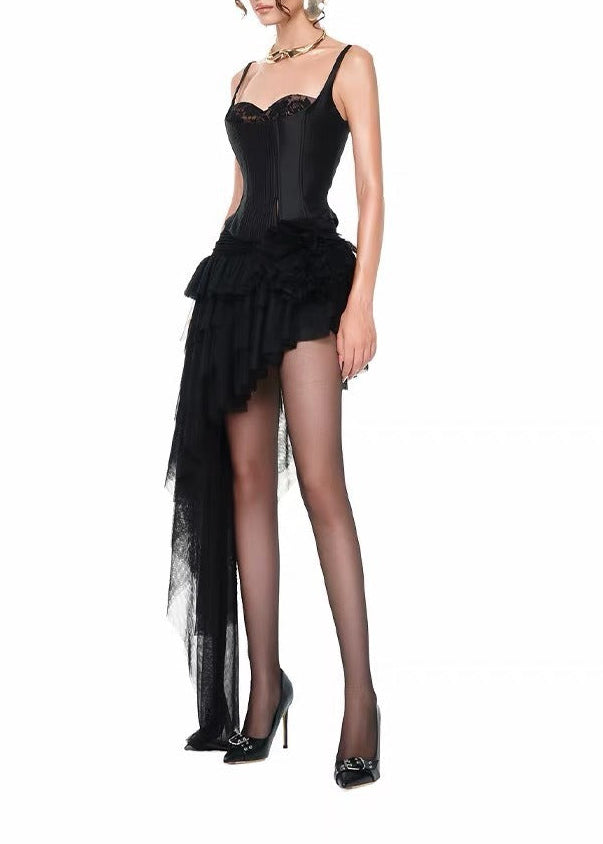 Karen Spaghetti Mesh Asymmetric Skirt Set In Black