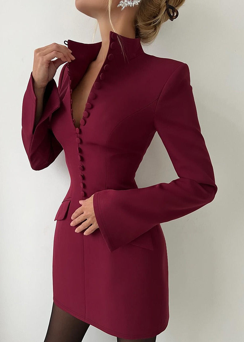 Erramun Long Sleeve Button Mini Dress In Wine