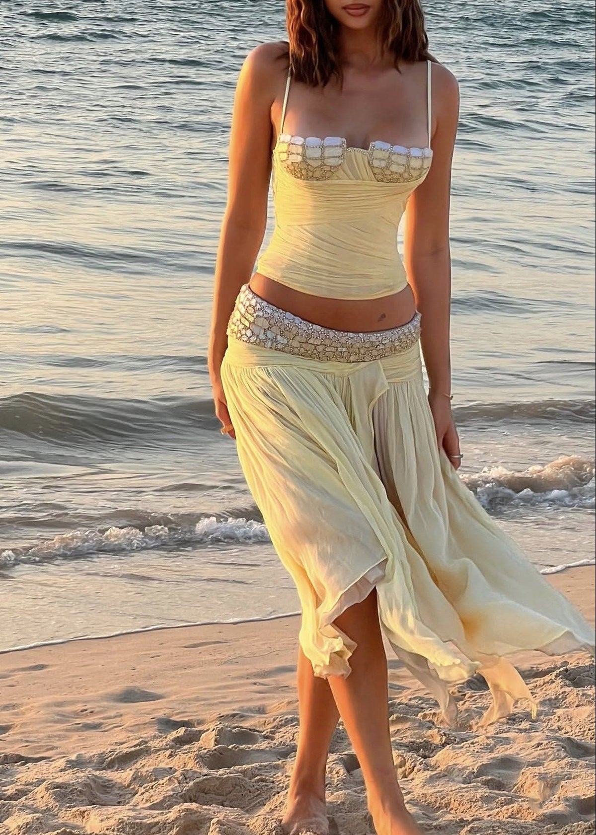 Khadiga Spagehtti Beaded Ruch Skirt Set