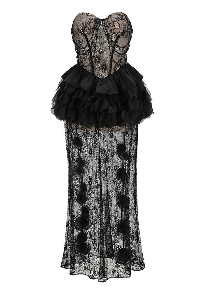 Kostya Strapless Lace Ruffle Maxi Dress