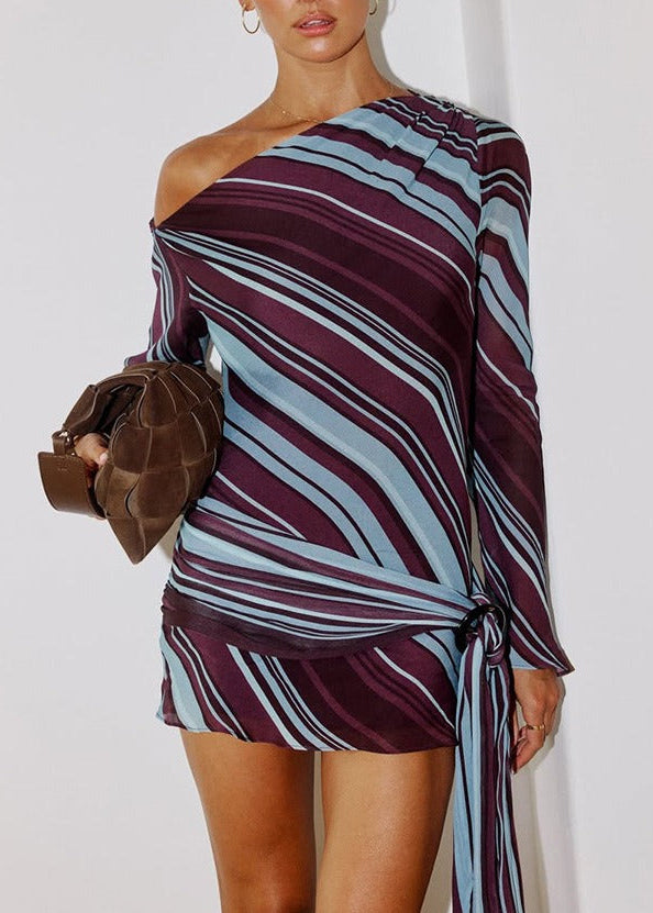 Kavin One Shoulder Stripe Mini Dress In Brown