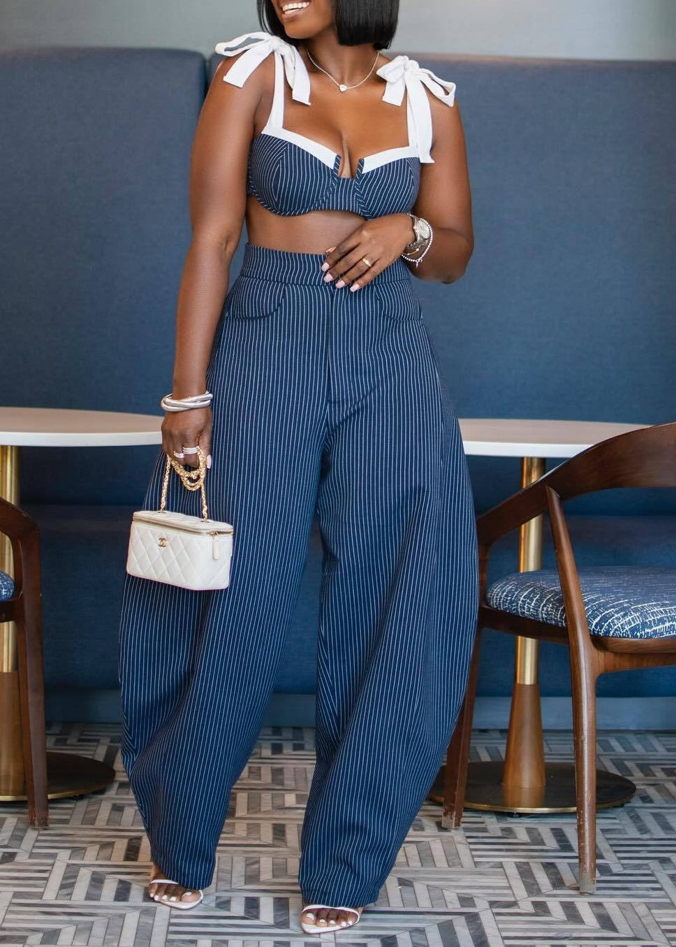Kimberlina Crop Tie Up Stripe Pants Set