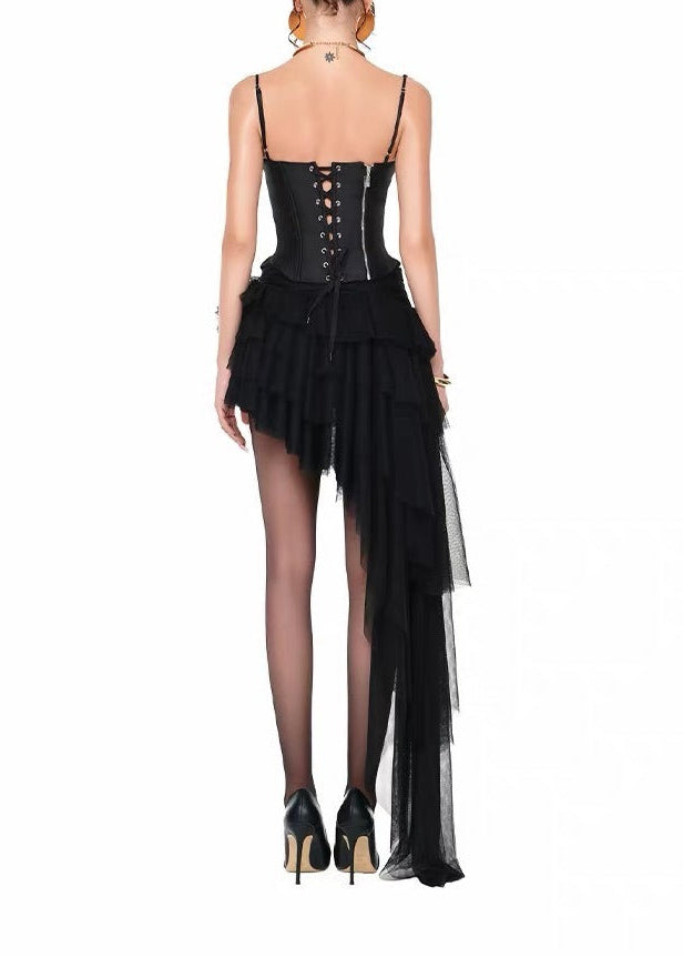 Karen Spaghetti Mesh Asymmetric Skirt Set In Black