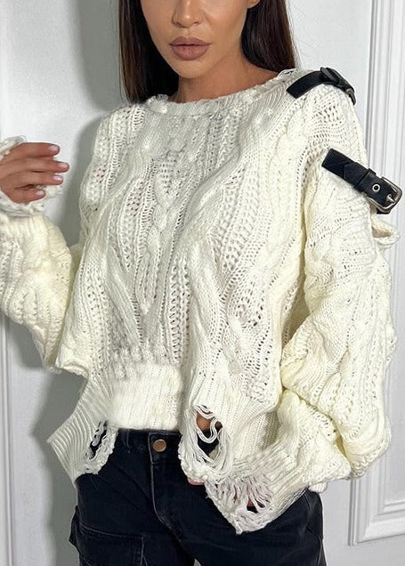 Kristian Buckle Asymmetric Knit Top In White
