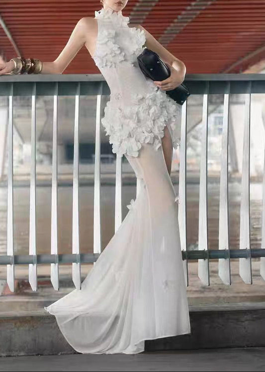 Fatih Flower High Split Mesh Maxi Dress
