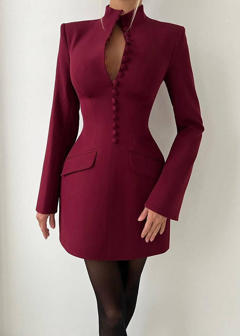 Erramun Long Sleeve Button Mini Dress In Wine