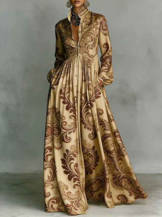 Ilary Plunge Ruch Floral Maxi Dress In Gold