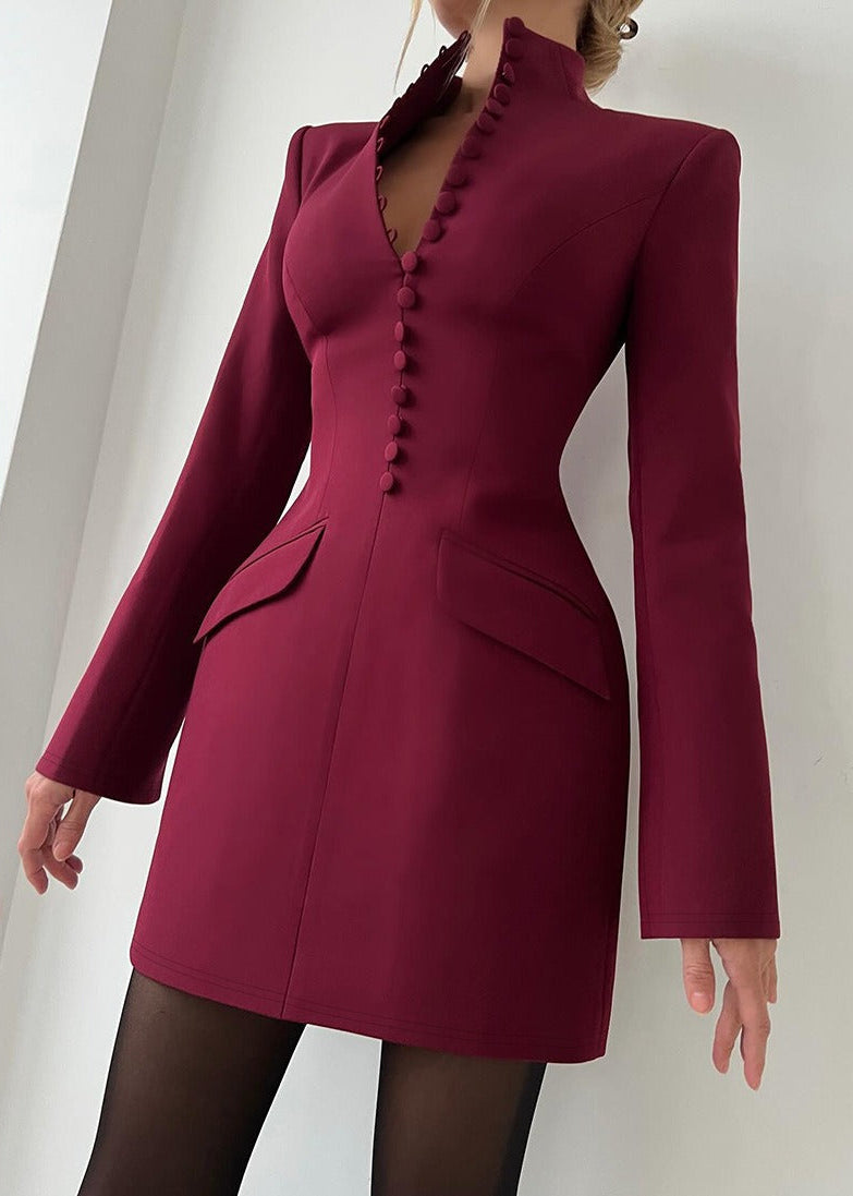 Erramun Long Sleeve Button Mini Dress In Wine