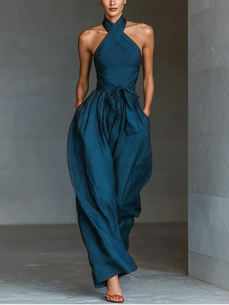 Kalare Halter Neck Tie Up Baggy Jumpsuit