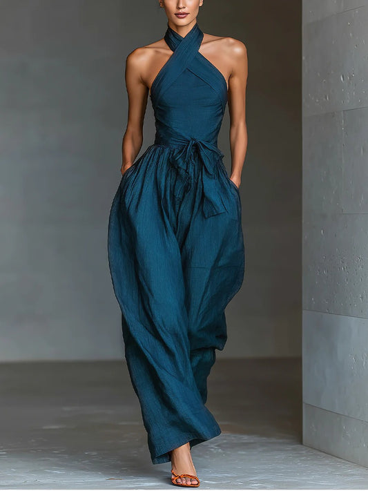 Kalare Halter Neck Tie Up Baggy Jumpsuit
