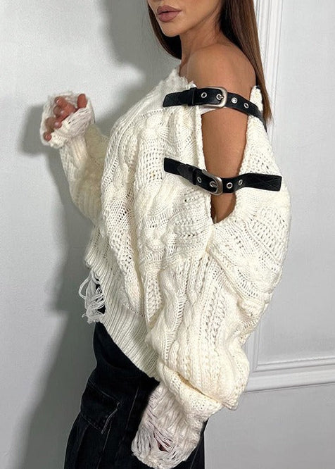 Kristian Buckle Asymmetric Knit Top In White