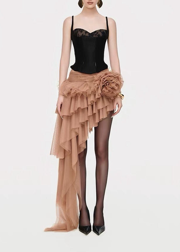 Karen Spaghetti Mesh Asymmetric Skirt Set
