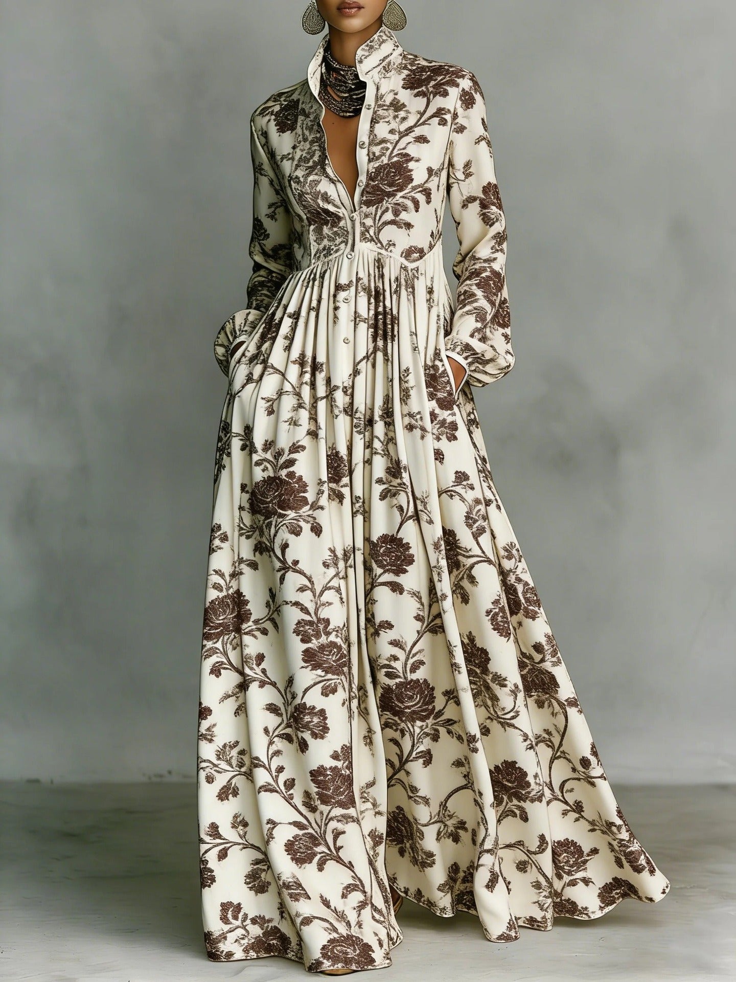 Ilary Plunge Ruch Floral Maxi Dress In Brown