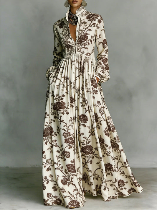 Ilary Plunge Ruch Floral Maxi Dress In Brown