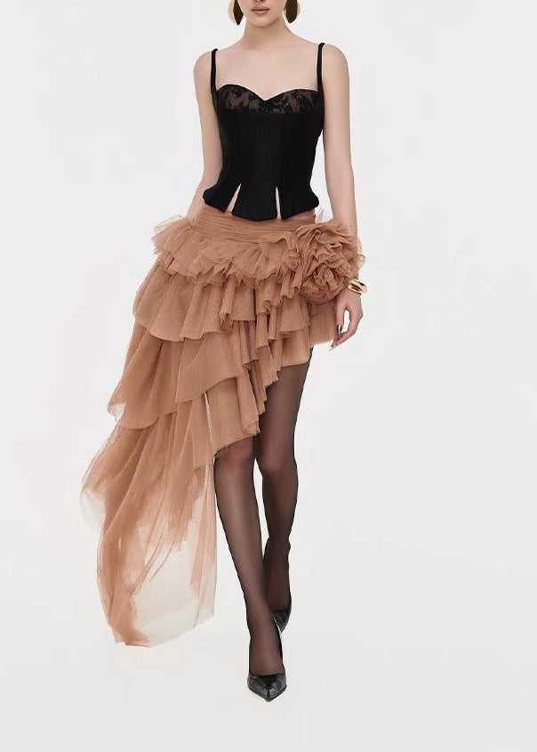Karen Spaghetti Mesh Asymmetric Skirt Set