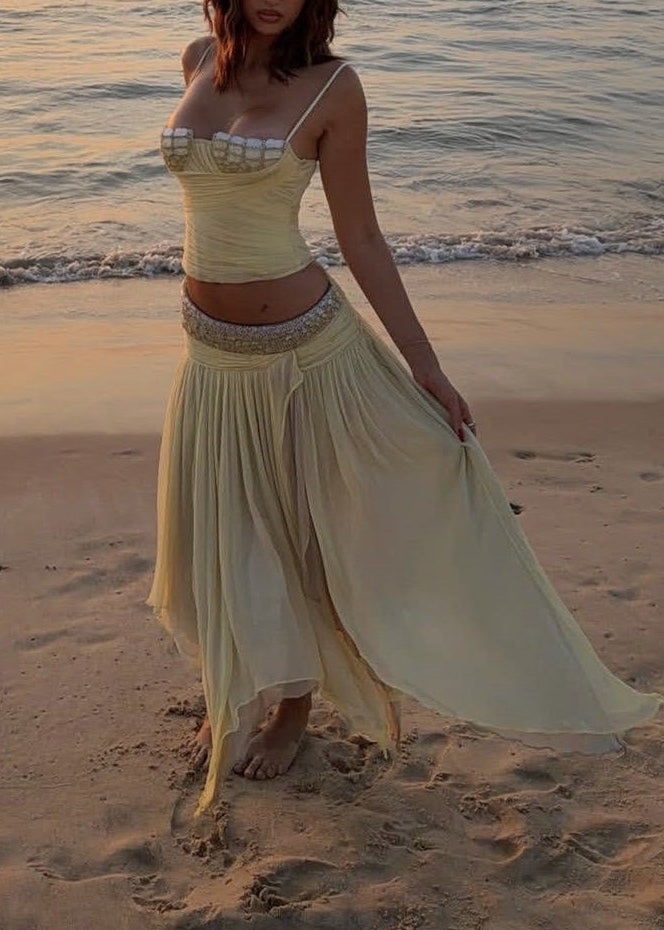 Khadiga Spagehtti Beaded Ruch Skirt Set