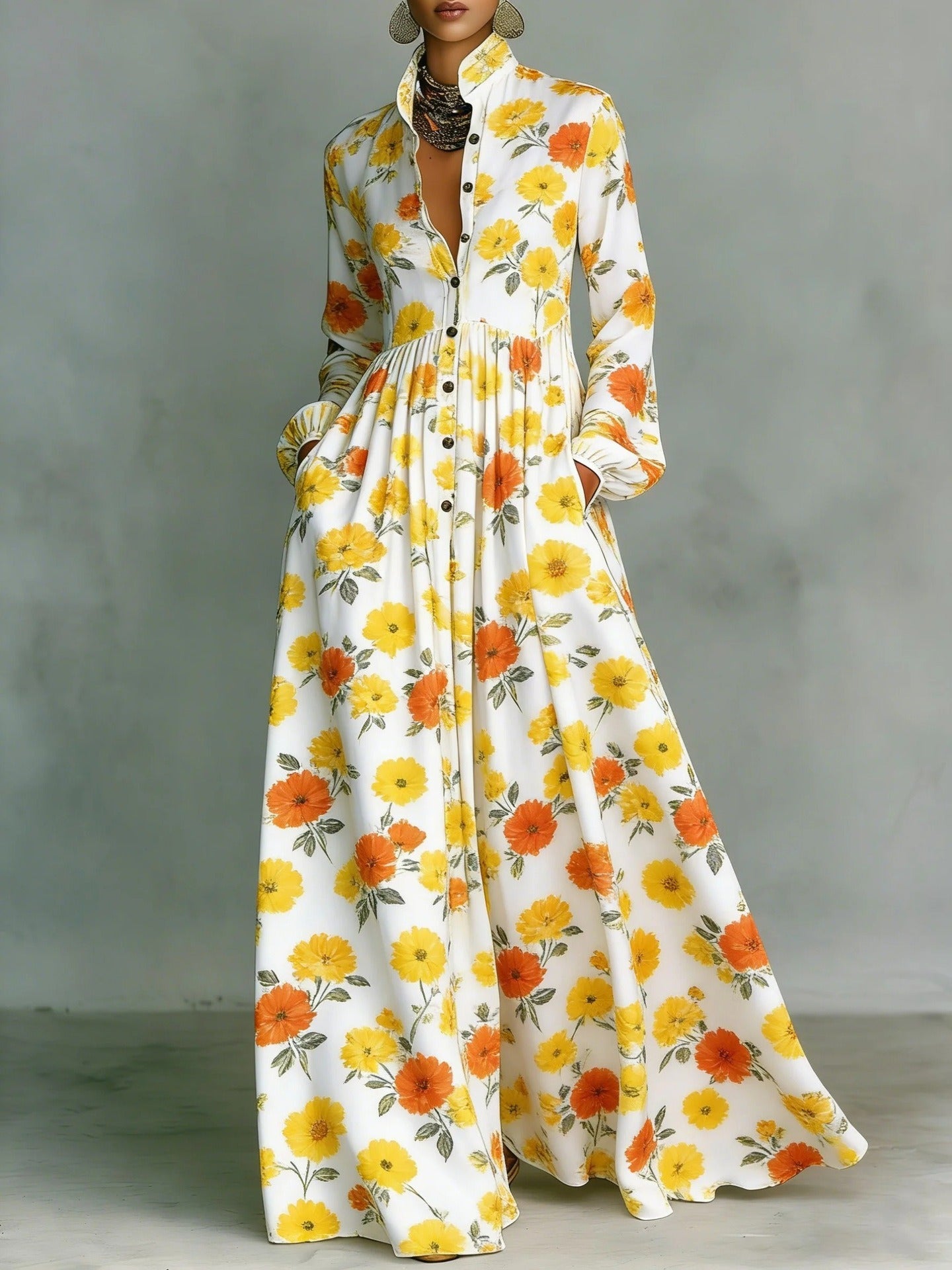 Ilary Plunge Ruch Floral Maxi Dress In Yellow