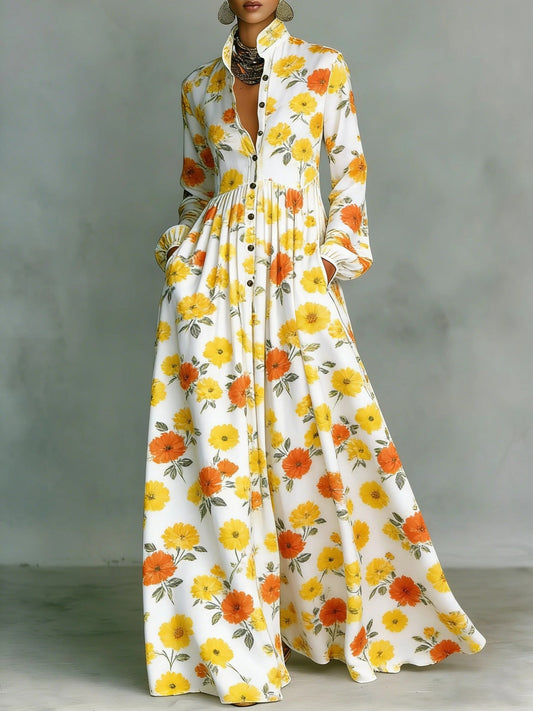 Ilary Plunge Ruch Floral Maxi Dress In Yellow