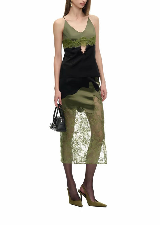 Kert Spaghetti Lace Satin Skirt Set