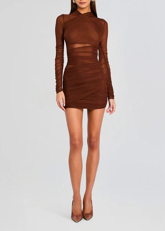 Ivaaq Long Sleeve Ruch Mesh Mini Dress