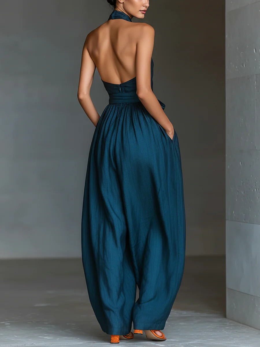 Kalare Halter Neck Tie Up Baggy Jumpsuit