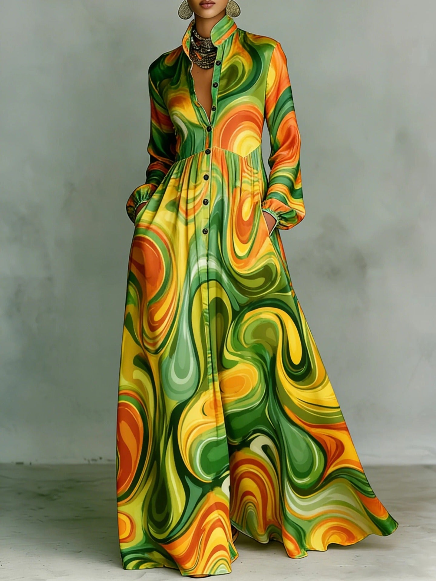Ilary Plunge Ruch Print Maxi Dress In Green