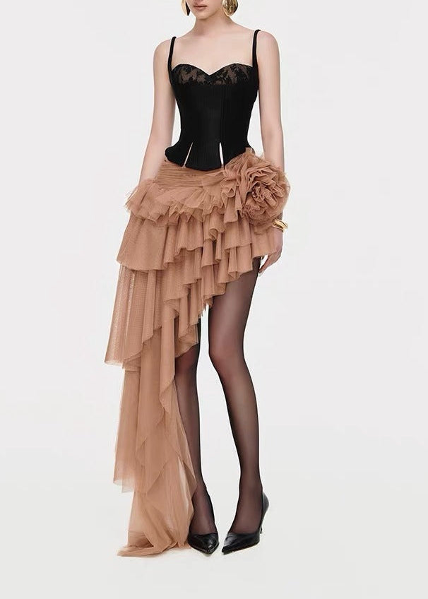 Karen Spaghetti Mesh Asymmetric Skirt Set