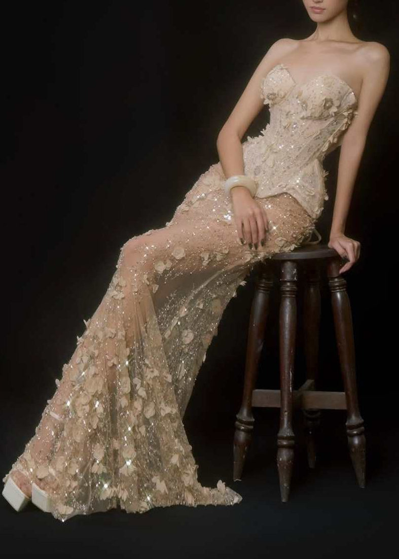 Kuzih Strapless Flower Sequin Skirt Set In Apricot