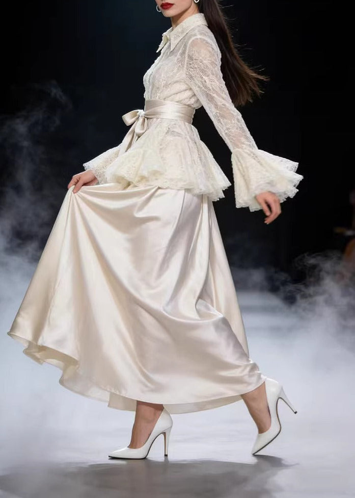 Kious Lace Tie Up Satin Skirt Set