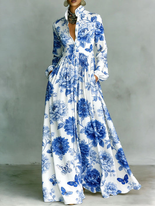 Ilary Plunge Ruch Floral Maxi Dress In Blue