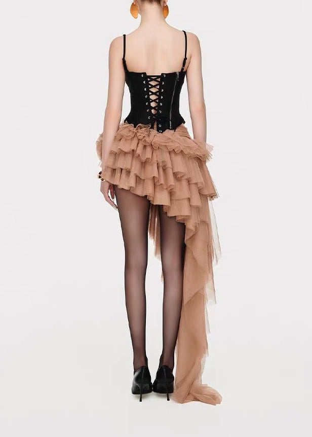 Karen Spaghetti Mesh Asymmetric Skirt Set
