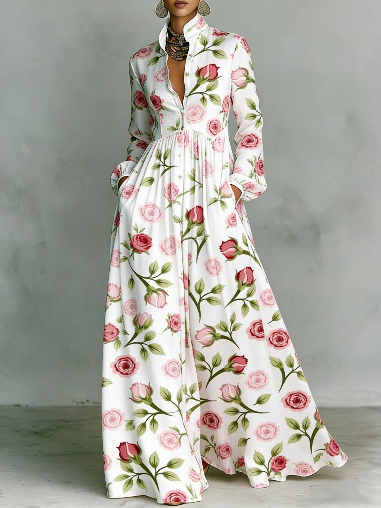 Ilary Plunge Ruch Floral Maxi Dress In White