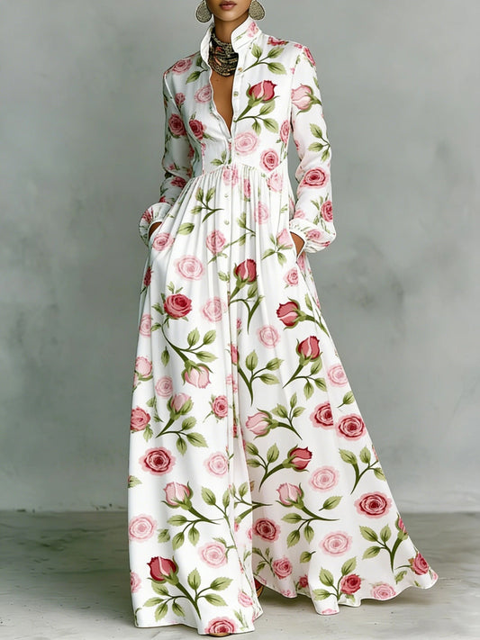 Ilary Plunge Ruch Floral Maxi Dress In White