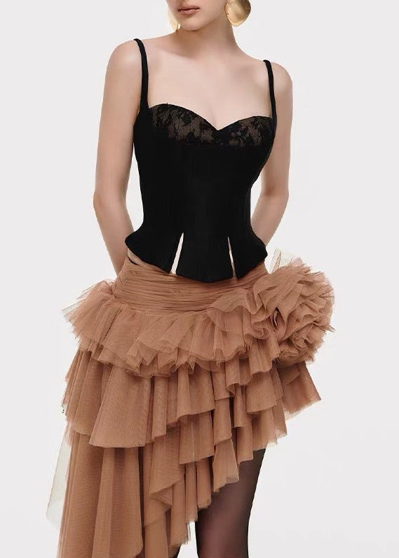 Karen Spaghetti Mesh Asymmetric Skirt Set