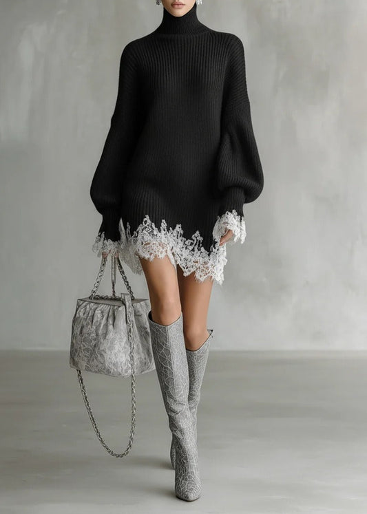 Kunihiro High Neck Knit Lace Mini Dress In Black