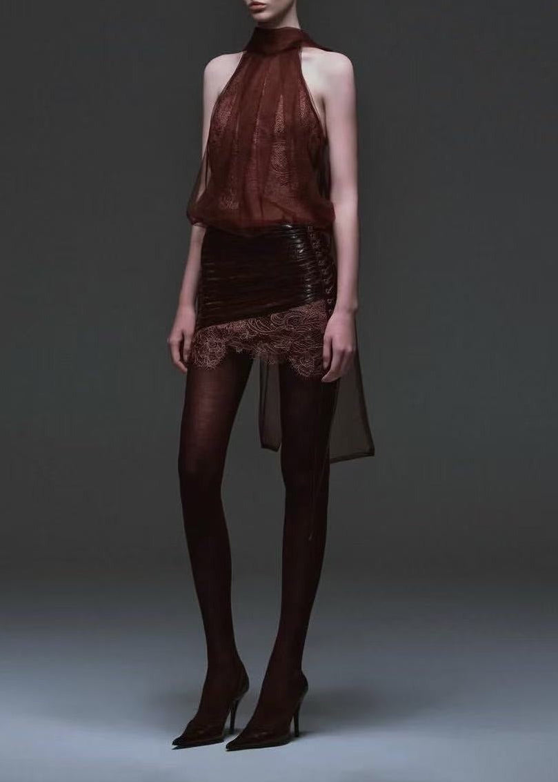 Kalif Halter Neck Mesh Lace Skirt Set