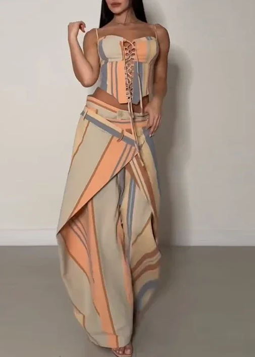 Kinfe Spaghetti Lace Up Stripe Pants Set