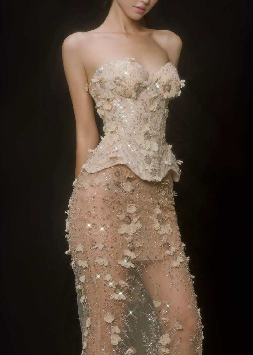 Kuzih Strapless Flower Sequin Skirt Set In Apricot