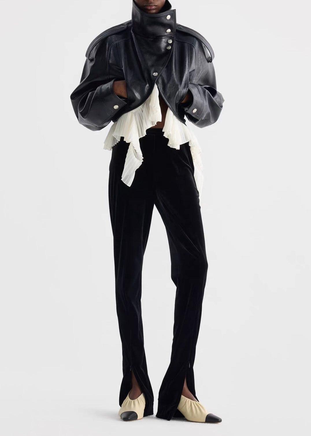 Kimeya High Neck Leather Ruffle Jacket In Black