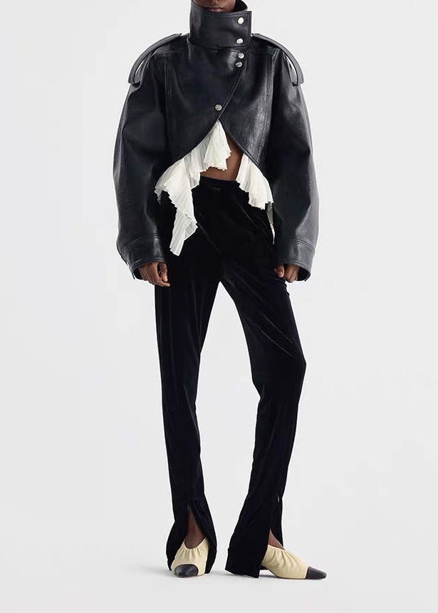 Kimeya High Neck Leather Ruffle Jacket In Black